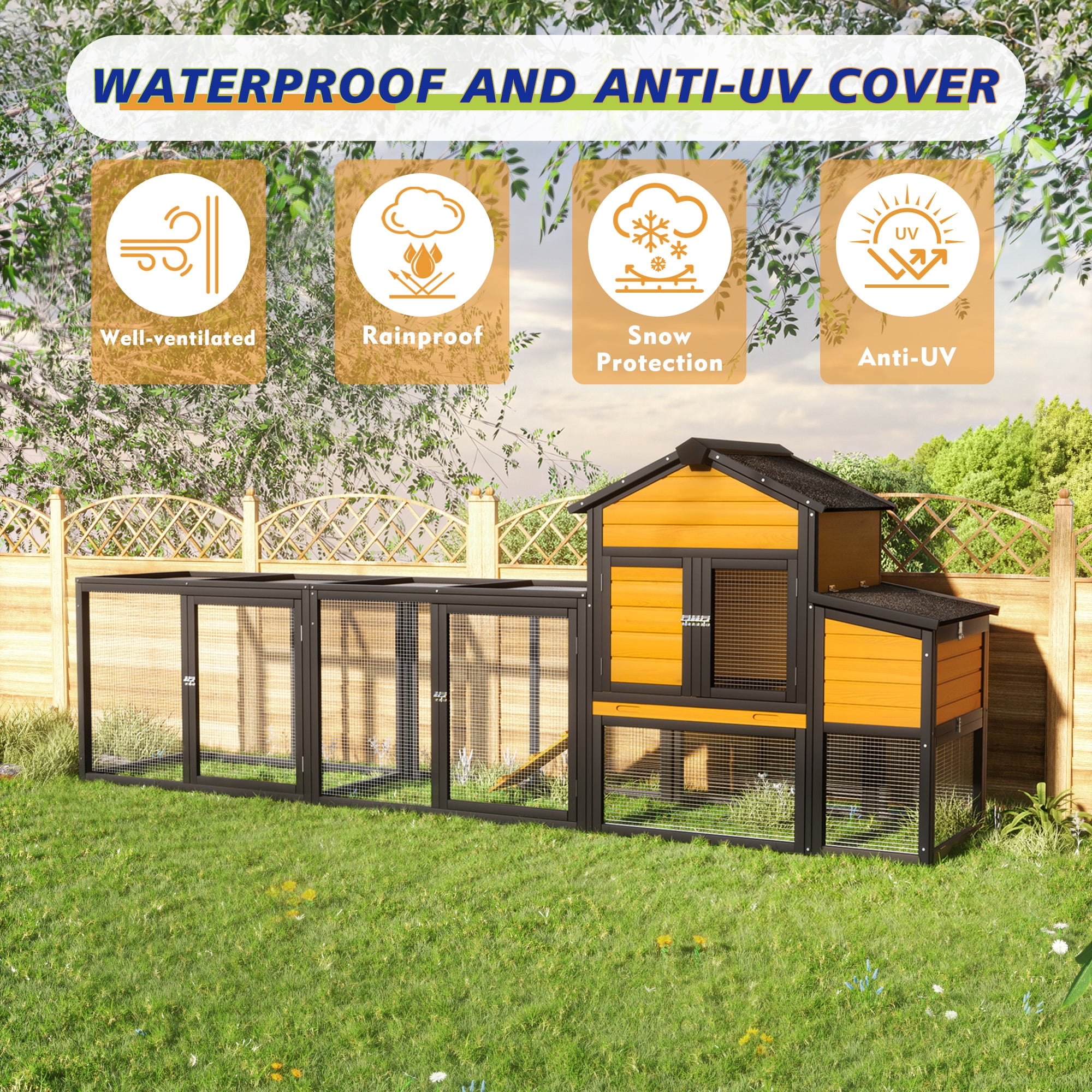 Outdoor Wooden Chicken Coop with Run, 7 Doors, Pull-Out Tray, Nesting Box & Ramp – Backyard Poultry House for 2 – 4 Chickens, Expandable Design