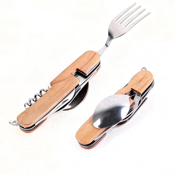 6-in-1 Camping Utensils Set, 1-Pack-Forks Knives and Spoons Set, Travel Utensils set Include Portable Spoon, Fork, Knife & Bottle Opener Combo, Backpacking Cutlery Multitool, Natural Wood Finish