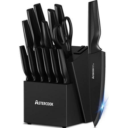 ZJQYDS Knife Set, Kitchen Knife Set with Built-in Sharpener Block, Dishwasher Safe, 15 Pieces German Stainless Steel Knife Block Set, Black