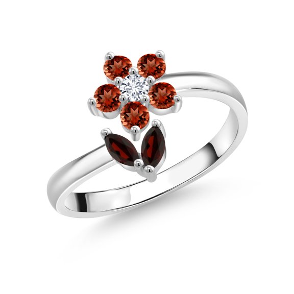 Gem Stone King 925 Sterling Silver Red Garnet and White Lab Grown Diamond Flower Open Ring for Women (0.82 Cttw, Gemstone January Birthstone, Size 6)