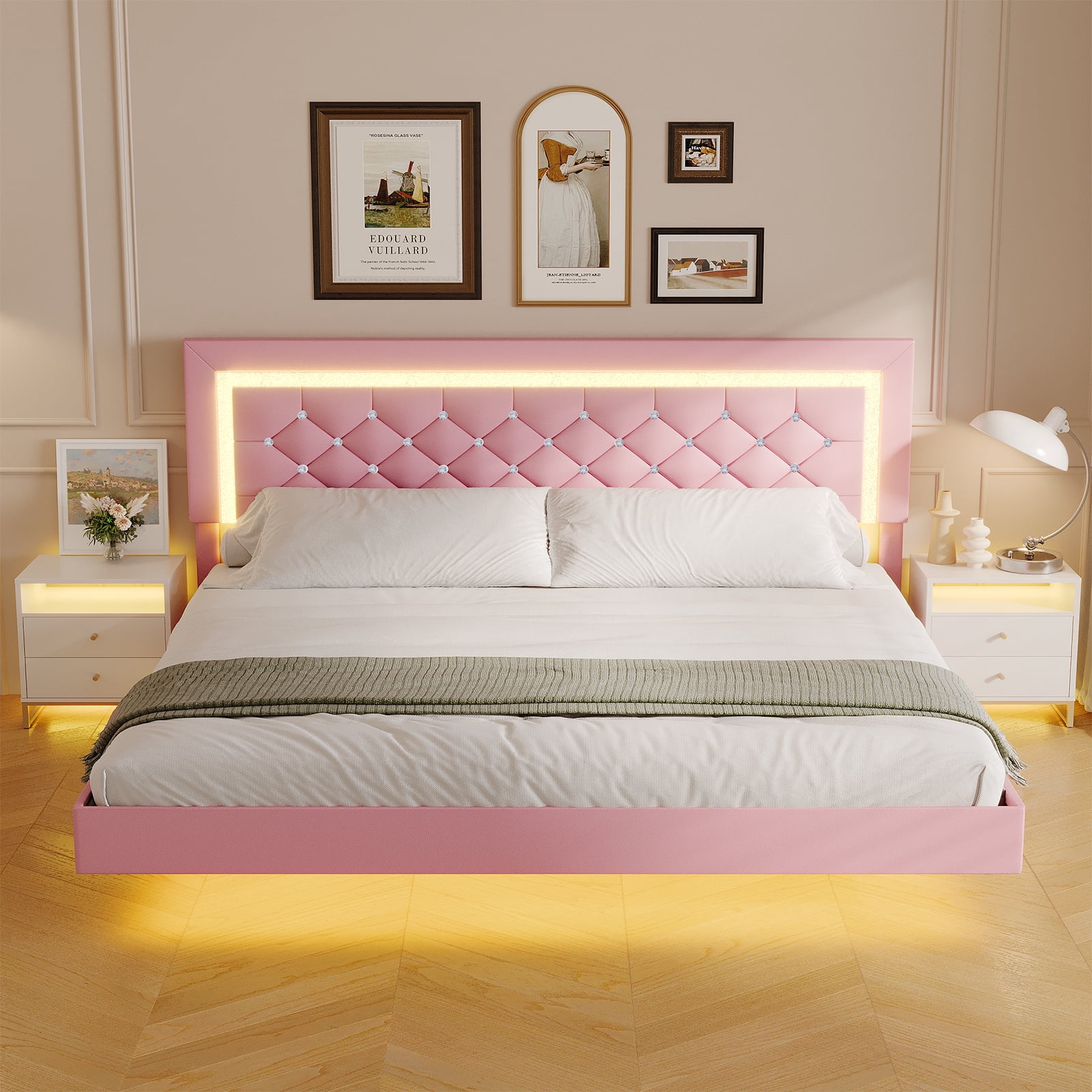 4 EVER WINNER King Size Floating Bed Frame with LED Lights, Upholstered Platform Bed Frame with Diamond Tufted Headboard, Pink King Size Bed Frame, Pink