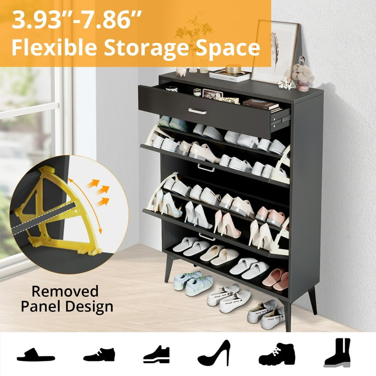 Shoe Cabinet with 2 Flip Drawers and Open Shelf,Free Standing Shoe Racks  Storage Cabinet with Metal Legs,Shoe Organizer Entrance Shoe Storage  Cabinet Narrow Closet for Entryway Hallway,Antique Gray 