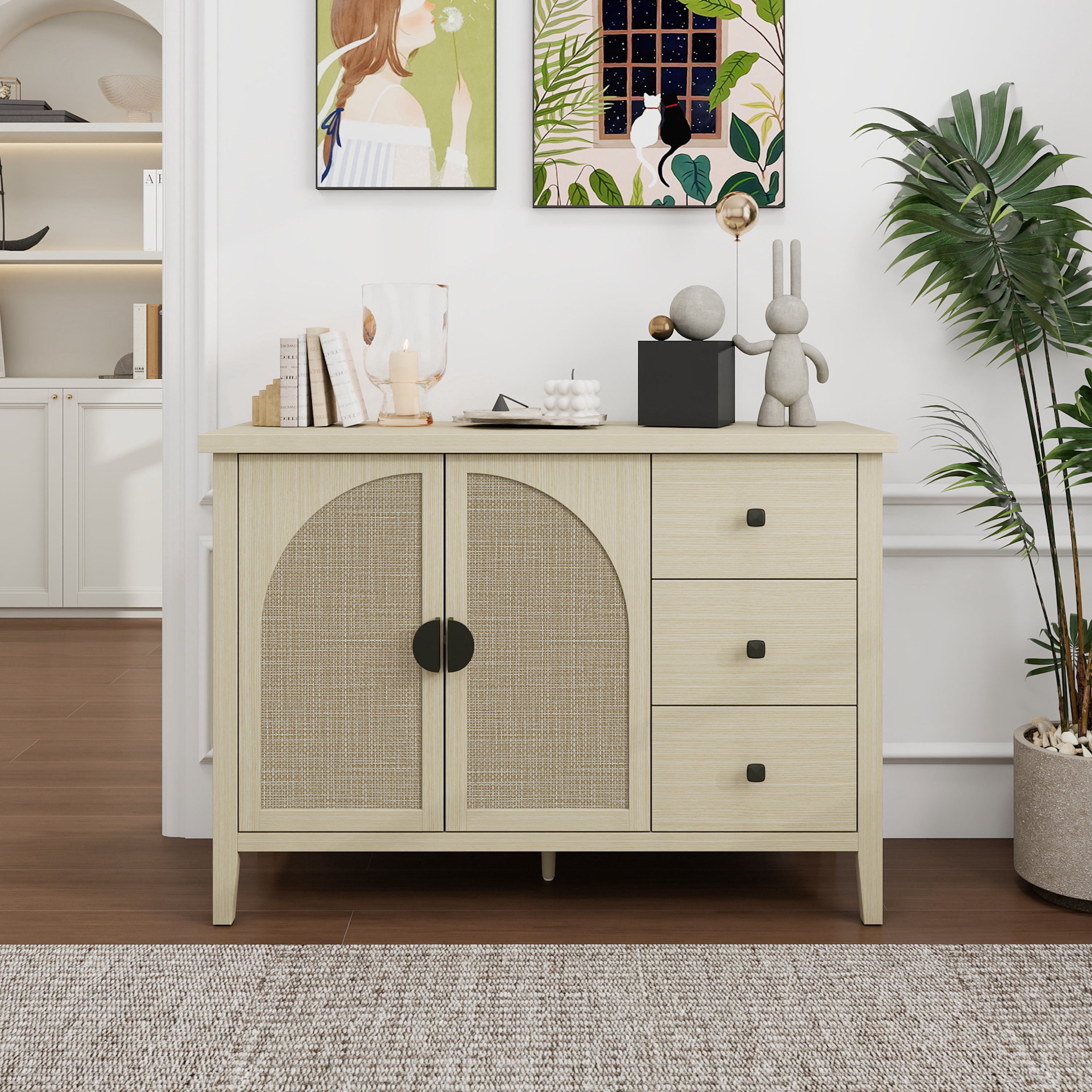 Gewnee Rattan 2 Door 3 Drawer Cabinet, Suitable for Bedroom, Living Room, Study