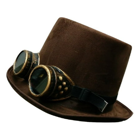 Steampunk Brown Suede Bell Topper Top Hat With Gold Goggles Costume Accessory