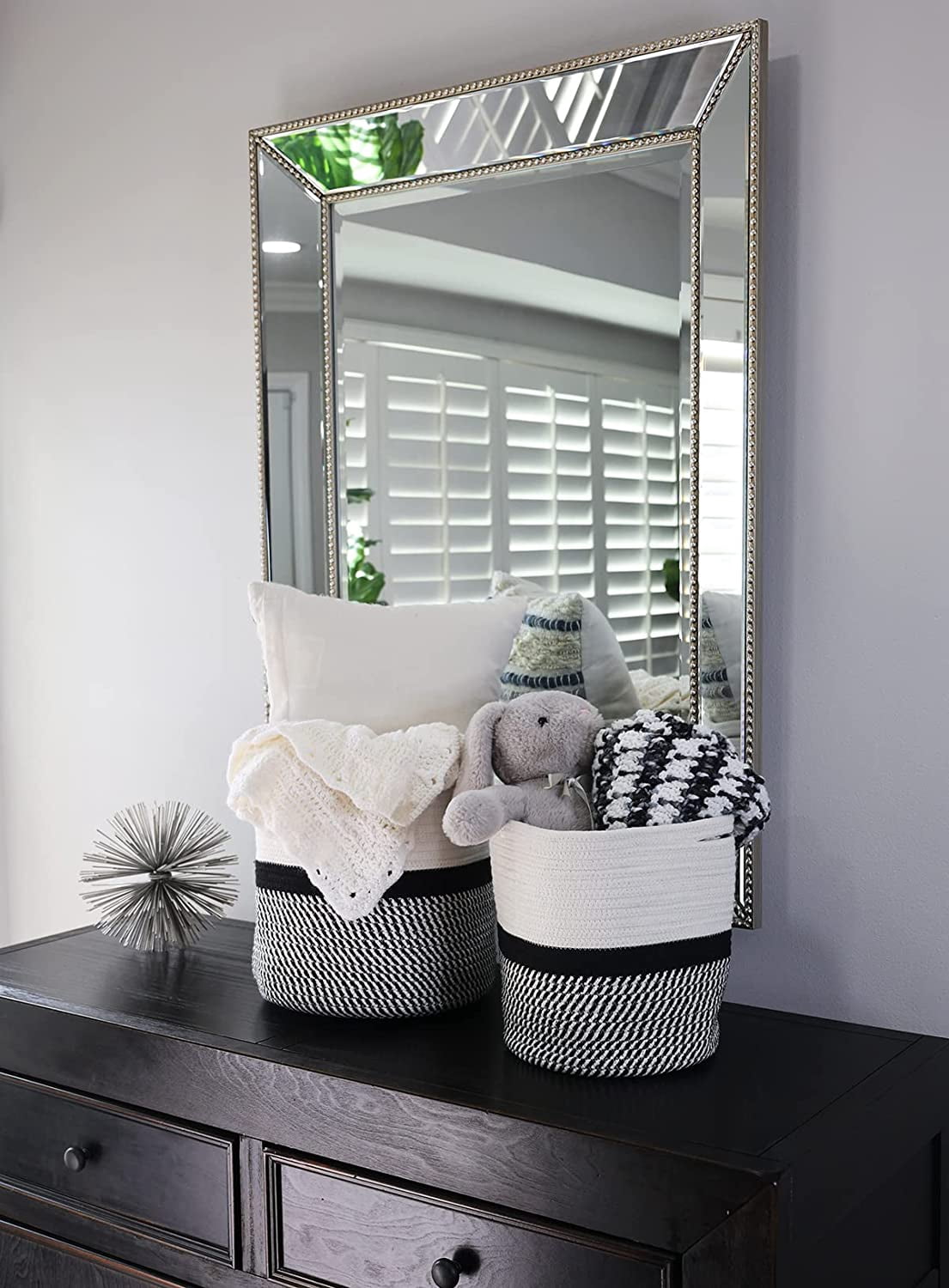 omh ORGANIZE MY HOME Decorative Baskets for Plants| 9- & 11-inch Pots for Indoor Plants | Floor Planter Pot Cover | Rope Plant Basket for Indoor (Small 9" Round, Ivory/Black)