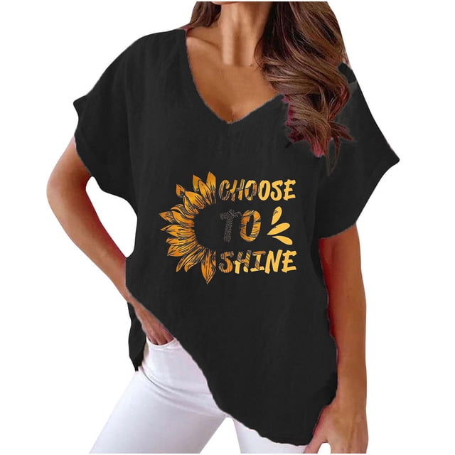 Camiseta de Manga Corta con Cuello en V con Impresión de Girasol, Algodón Casual Y Top de Cáñamo