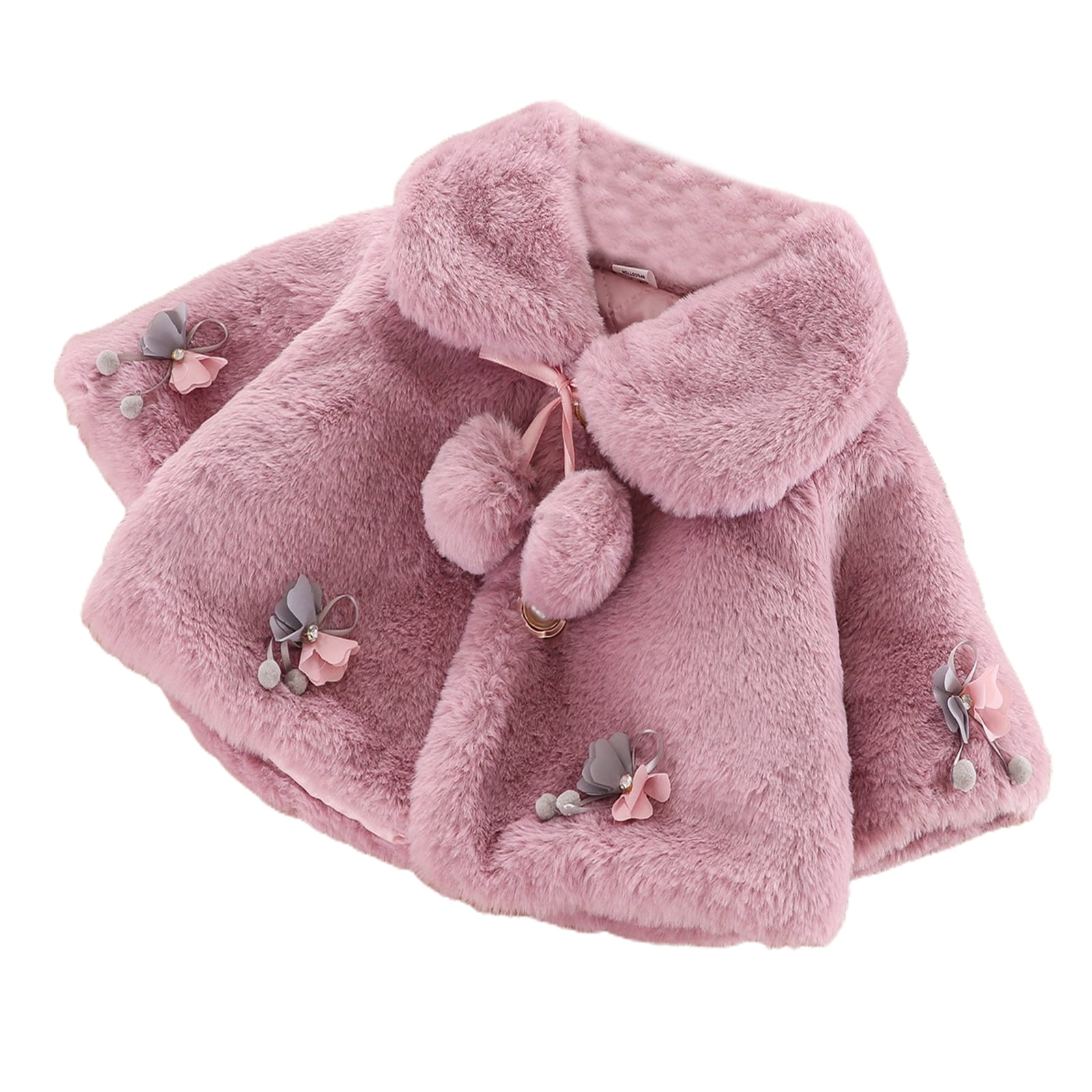 Infant Toddler Baby Girls Cute Winter Warm Thick Fur Capes Cardigan Cloak Coat with Bow Pom-Pom Balls 