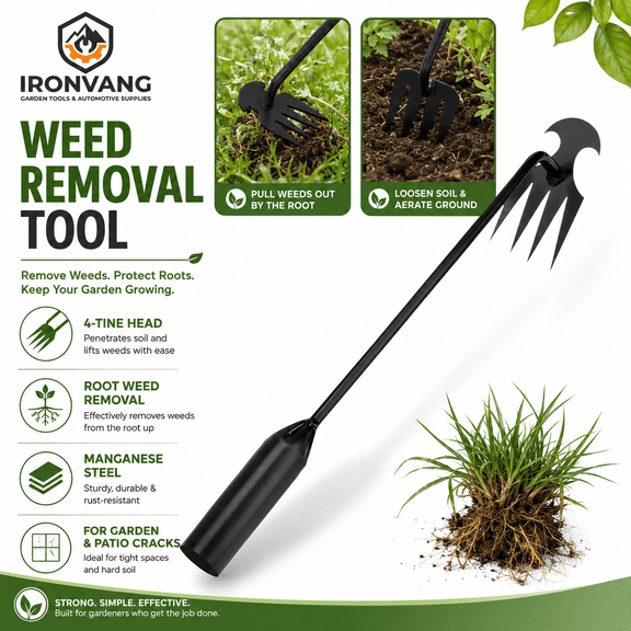 4-Tine Garden Weeding Tool, Manganese Steel Hand Weeder for Uprooting Weeds, Soil Loosening, Digging, Planting and Patio Crack Cleaning
