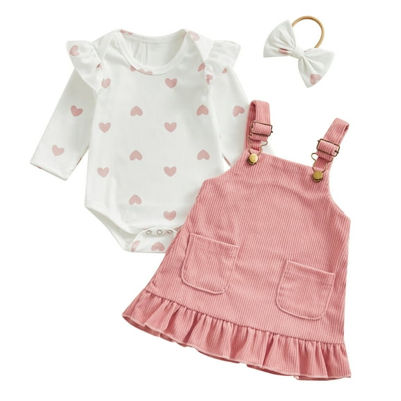 Elippeo Baby Girls 3Pcs Spring Outfits 3 6 9 12 18 24 Months Heart Print Romper Suspender Skirt Headband Set Newborn Clothes