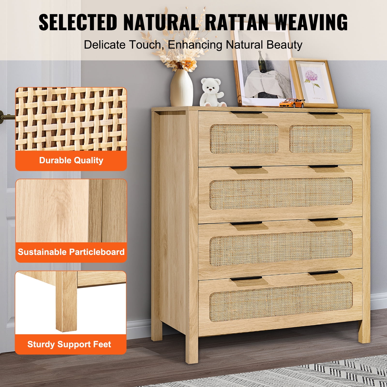 KFFKFF 4-Compartment Rattan Chest, Authentic Rattan Wood Storage Unit with LED Illumination, Contemporary Wooden Apparel Sorter & Storage Bohemian Chest with Robust Handles & Stand