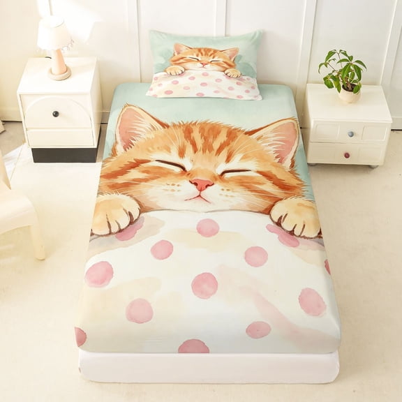 Manfei Watercolor Sleeping Kitten Twin Fitted Sheet, Cute Cat Art Bedding, Cream Pink Green, 2 Pieces, 1 Fitted Sheet and 1 Pillowcase