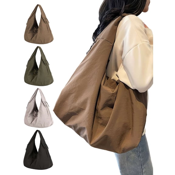 Deago Tote Bag for Women Large Nylon Slouchy Hobo Bag Crescent Shoulder Bag Vintage Casual Travel Gym Shopper Pleated Handbag (Coffee)