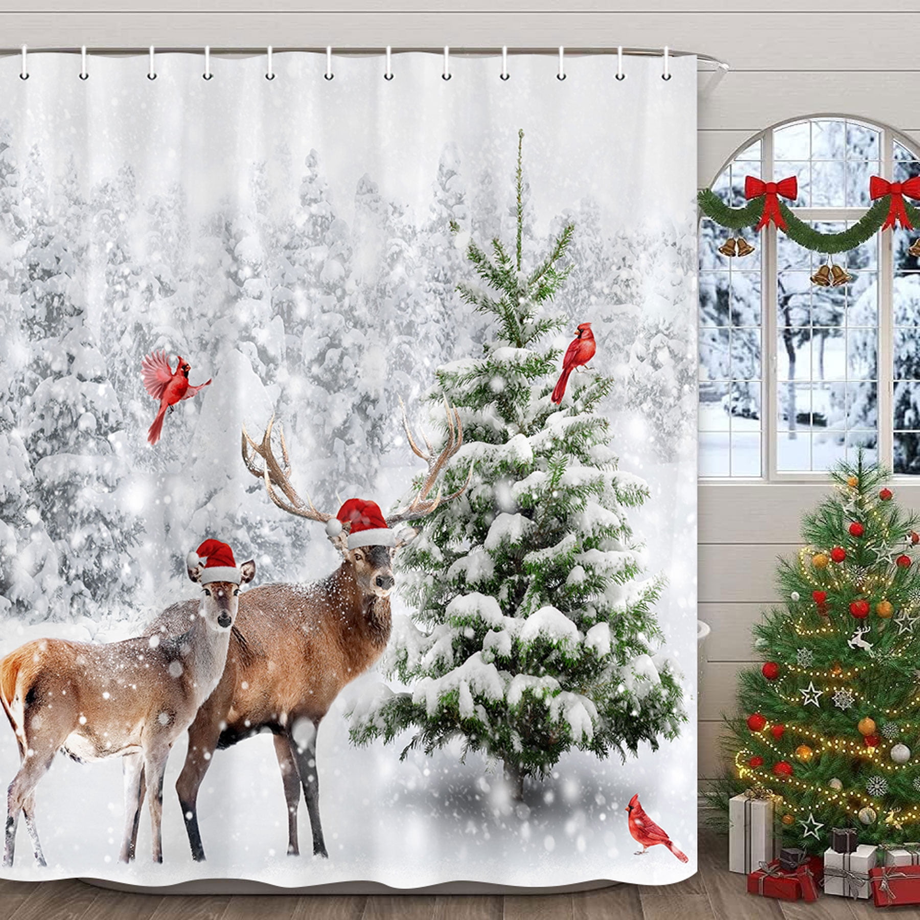 Winter Christmas Shower Curtain Set, Natural Winter Forest Snowflake Christmas Shower Curtain for Bathroom, Funny Cute Deer Christmas Bathroom Decor Waterproof Fabric Bathtub Sets with Hooks,70X70IN