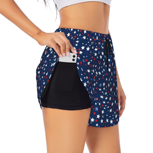 Balery Colorful Stars Pantalones cortos deportivos para mujer con forro y dos bolsillos, elásticos, para entrenamiento, gimnasio, yoga-X-Large