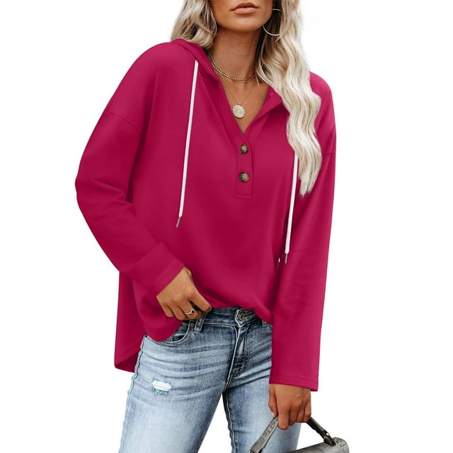 Timegard Hoodies for Women V Neck Button Long Sleeve Tops Solid Color Loose Casual Comfy Pullover Fall