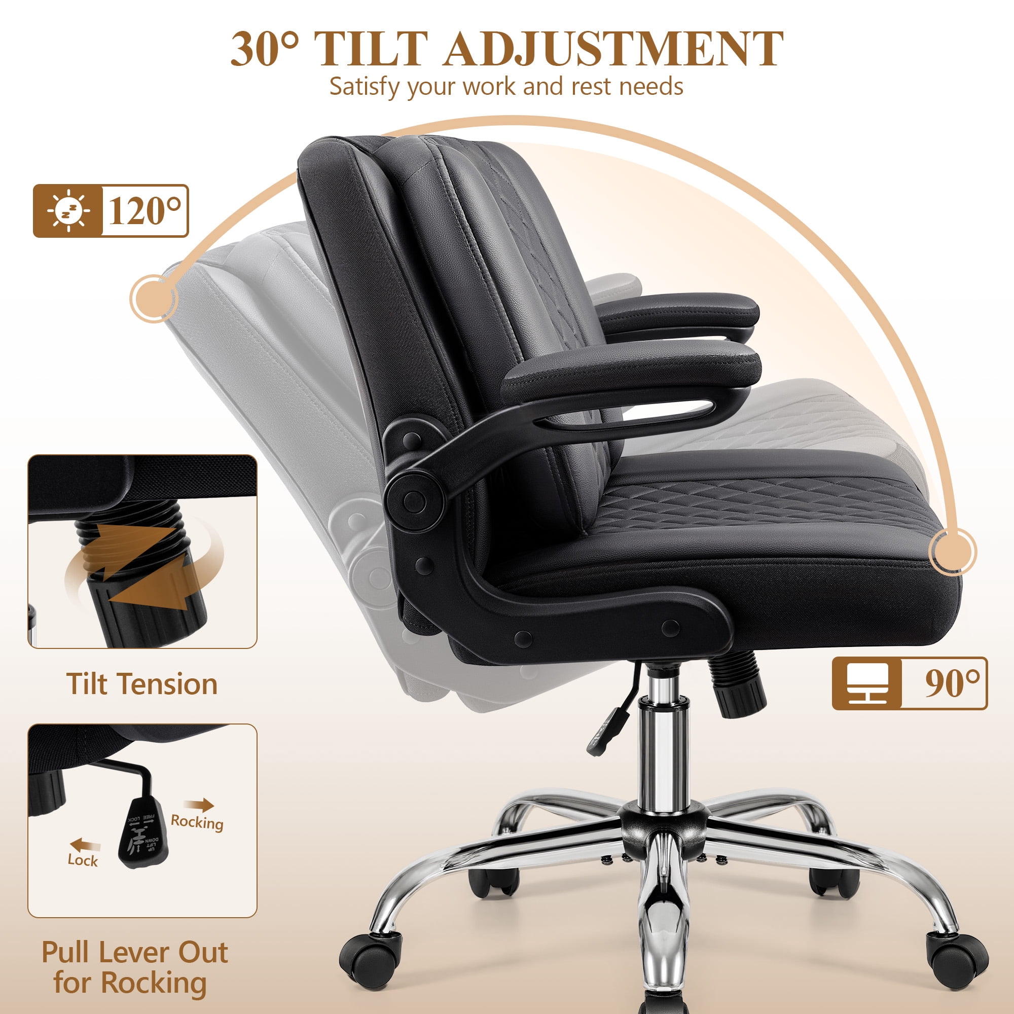 COOLHUT Criss Cross Chair with Flip-Up Arms and Wheels, Moveable Back Cushion Wide Seat Office Desk Chair, Height Adjustable Swivel Cross Legged Chair for Home Office, Study, Vanity, Black