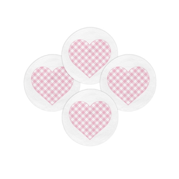 Valentine's Day Round Placemats Set of 4 Heart Pattern Design Place Mats Washable Woven Placemat Pink Buffalo Check Plaid Circle Braided Table Mat for Kitchen Dining Table Wedding Party 15 Inch
