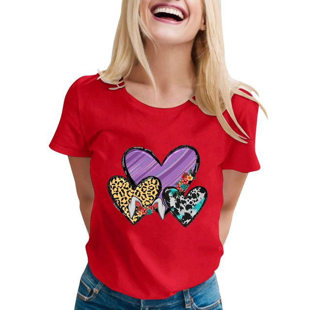 Fvwitlyh Chemises Cœur Femmes Mode Féminine pour Hauts Décontractés Manches Courtes Col Rond T-Shirt Imprimé Ample Rouge, TG