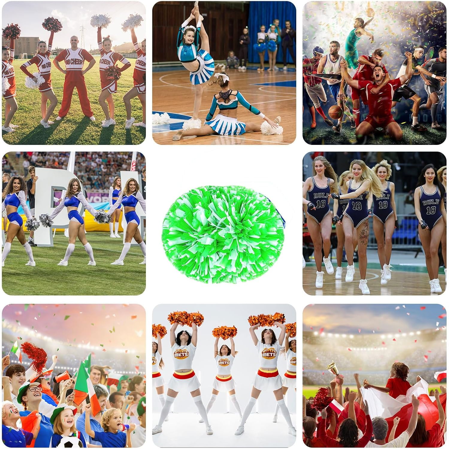 12 PCS pom poms Cheerleading,13.8inch Sports Team Spirits Cheering Squad Dance Training with Handle