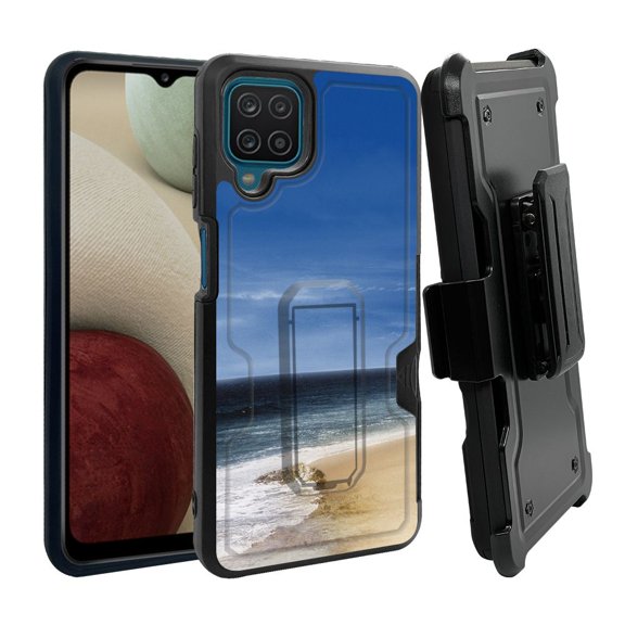 ANJ  Rugged Dual Layer Shockproof Holster Case w/Card Slot, Kickstand   Tempered Glass for Samsung Galaxy A12 - Ocean Horizon