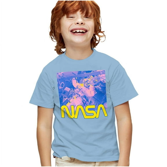 NASA Astronaut Pop Kids T Shirt for Youth Boys and Girls, Light Blue, Large