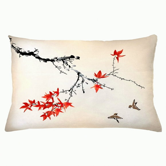 Spring Blossom Watercolor Pillow Cover - Romantic Cherry Tree Branches Decorative Cushion Case - Coral Black Rectangle Accent - 26" X 16"