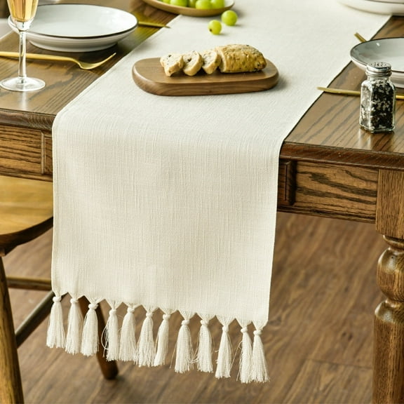 Sm:)e Beige Tassel Table Runner, 13x72 Inch, Boho Linen Blend Rustic Farmhouse Style, Holiday Wedding Party Kitchen Table Decor