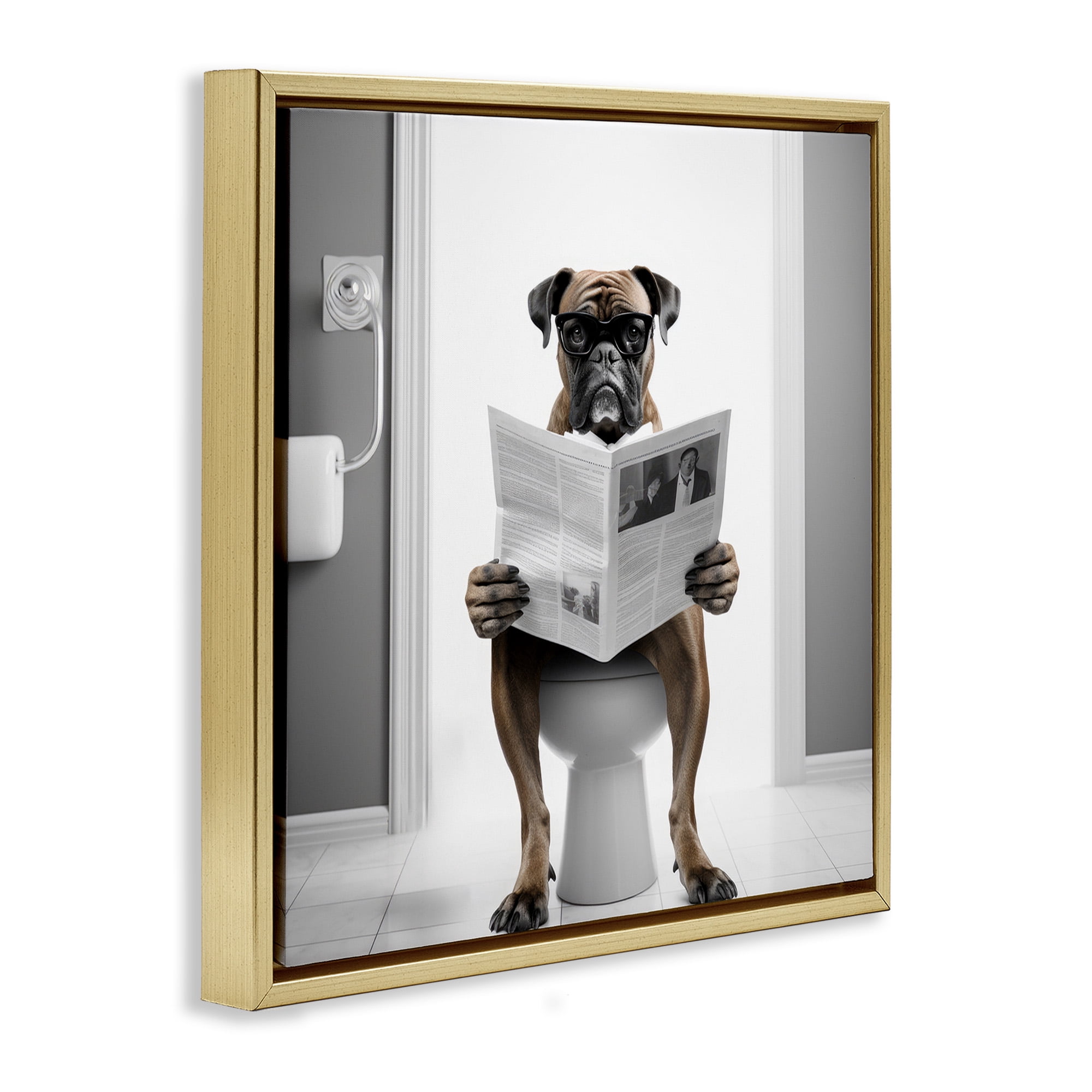Stupell Industries Boxer Dog & Newspaper Animals & Insects Painting Gold Floater Framed Canvas Art Print Wall Art, 18 x 18