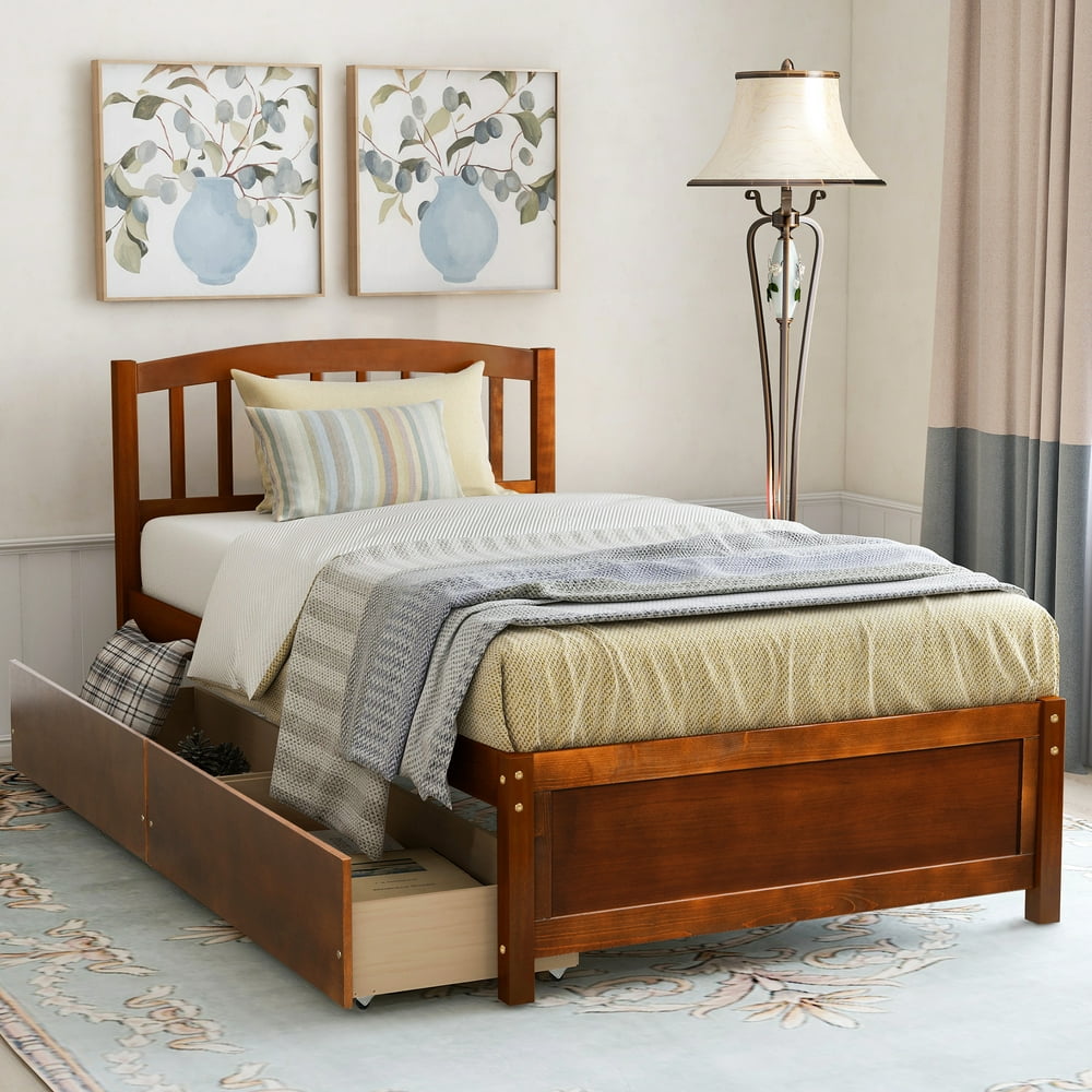 Twin Platform Bed Frame with Storage Drawers, Walnut Twin Bed Frame