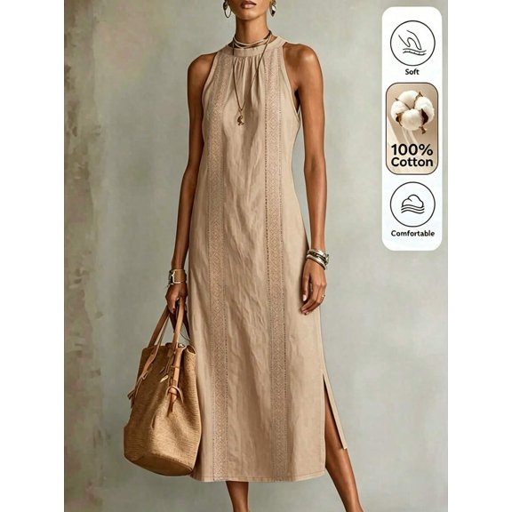 Womens Khaki Casual Summer Maxi Dress Halter Sleeveless Long Vacation Dress