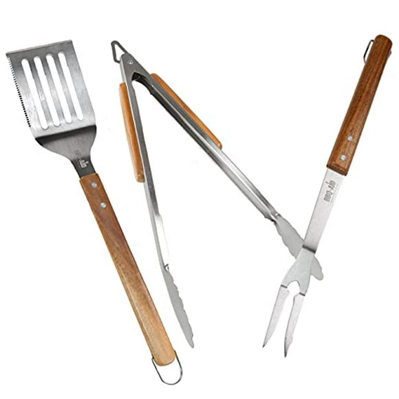 BBQ-Aid 3 Piece Grill Set BBQ Accessories - Tongs, Spatula & Fork Utensils - Heavy Duty Stainless Steel Barbecue Grilling Accessories & Tools with Solid Sturdy Wood Handles