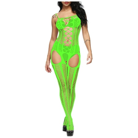 Juebong Underwear for Women Clearance Under $10.00 Sexy Womens Lingerie Fishnet Open Crotch Seamless Mesh Netting Stockings Chemise Hollow Out Babydoll Bodysuit Sleepwear Green One Size