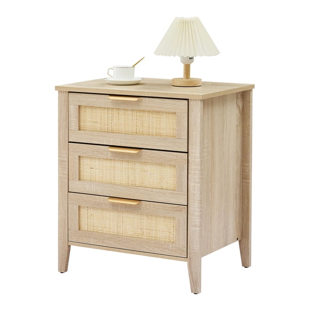 Yeshouse Mesita de noche de ratán, estilo bohemio, con 3 cajones, estante de almacenamiento y luz, patas de madera resistentes para dormitorio, sala de estar y estilo rústico