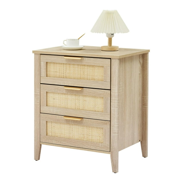Yeshouse Mesita de noche de ratán, estilo bohemio, con 3 cajones, estante de almacenamiento y luz, patas de madera resistentes para dormitorio, sala de estar y estilo rústico