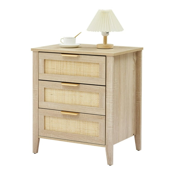 Yeshouse Mesita de noche de ratán, estilo bohemio, con 3 cajones, estante de almacenamiento y luz, patas de madera resistentes para dormitorio, sala de estar y estilo rústico