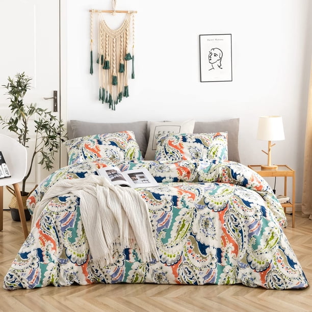 Paisley Funda Nórdica King 100% Algodón Colorido Boho Floral Funda Nórdica 3 Piezas Set