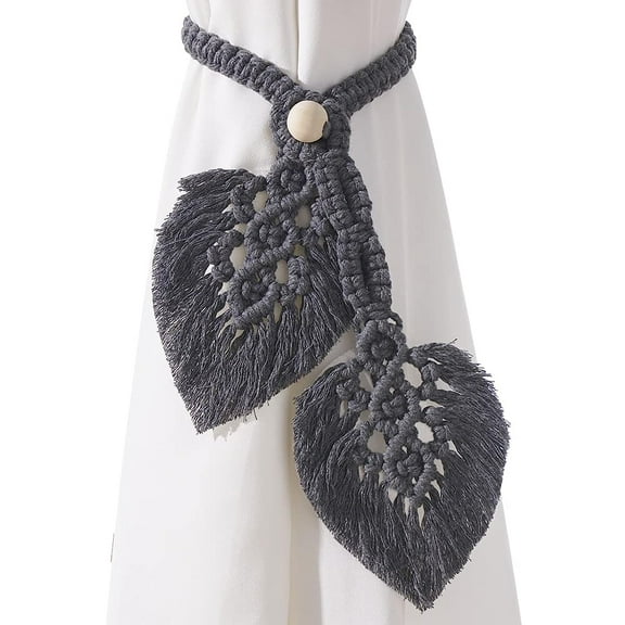 2 Pack Boho Curtain Tiebacks,Hand Knitting Cotton Curtain Holdbacks with Adjustable Natural Wooden Bead,Double Leaves Farmhouse Theme Curtain Tie Backs, for Indoor Outdoor Drapes Decorative,(Grey)