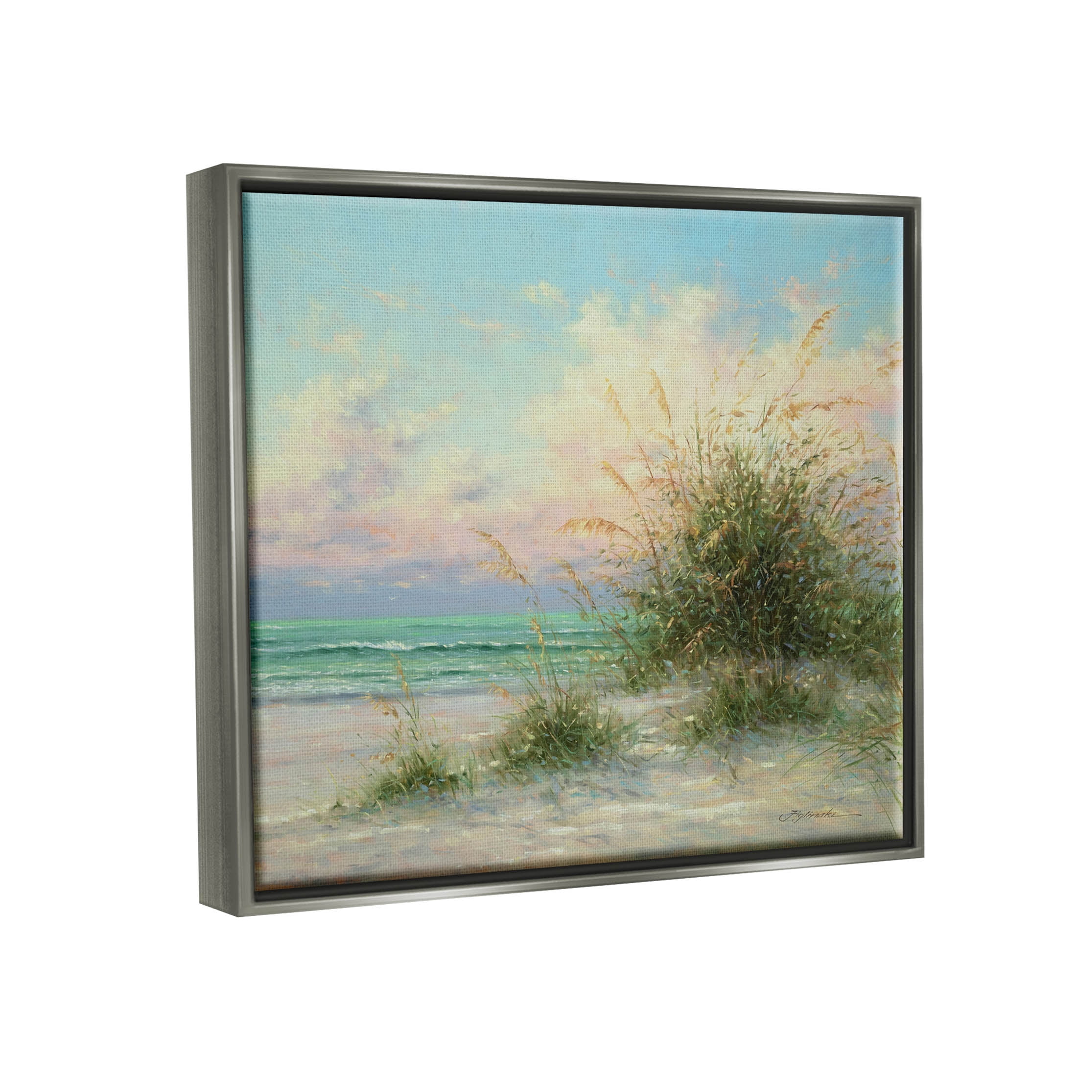 Summer Beach Grass Sea Waves Coastal Painting Luster Gray Framed Art Print Wall Art
