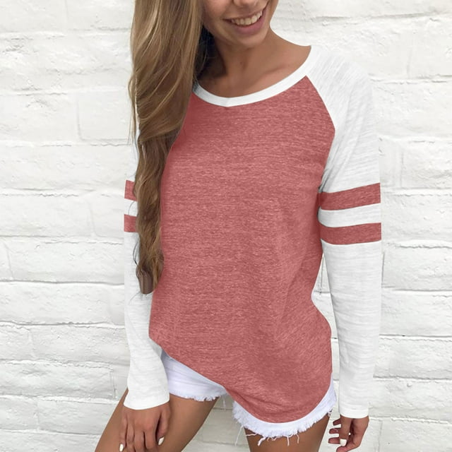 aidice Chemises pour Femmes Col Rond Manches Longues Chandail Ample Décontracté Confortable Automne Blouses à Blocs de Couleur