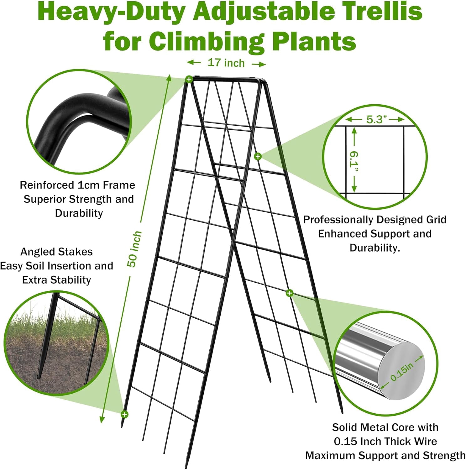 2 Pack 50" Tall A Frame Trellis for Climbing Plants Outdoor (50" X 17") – Heavy Duty Garden Adjustable Trellis, Metal Trellis for Cucumbers, Beans, Tomatoes, Grapes, and Vining Vegetables