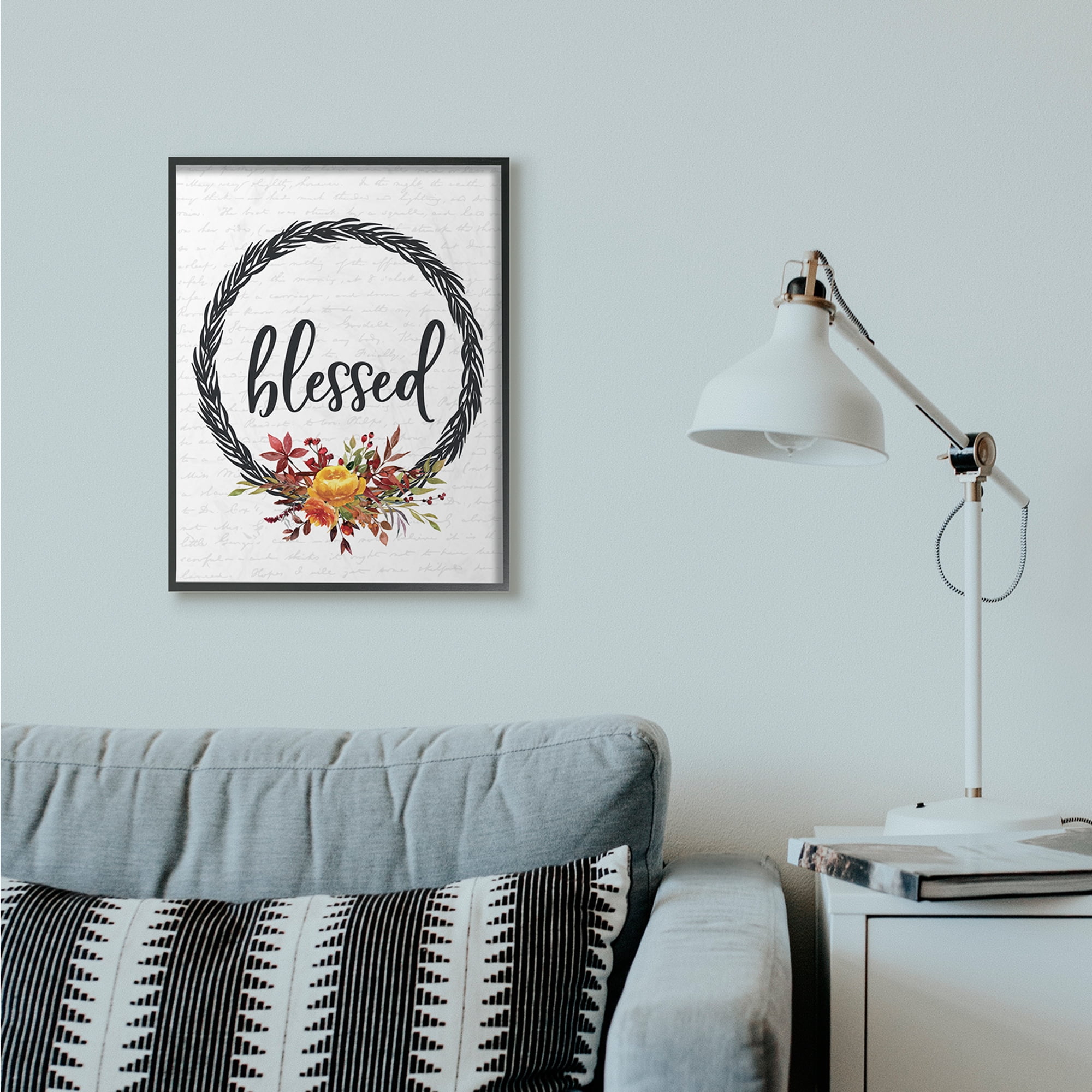 Stupell Industries Blessed Flower Wreath Autumn Fall Seasonal Design Framed Wall Art by Lettered and Lined