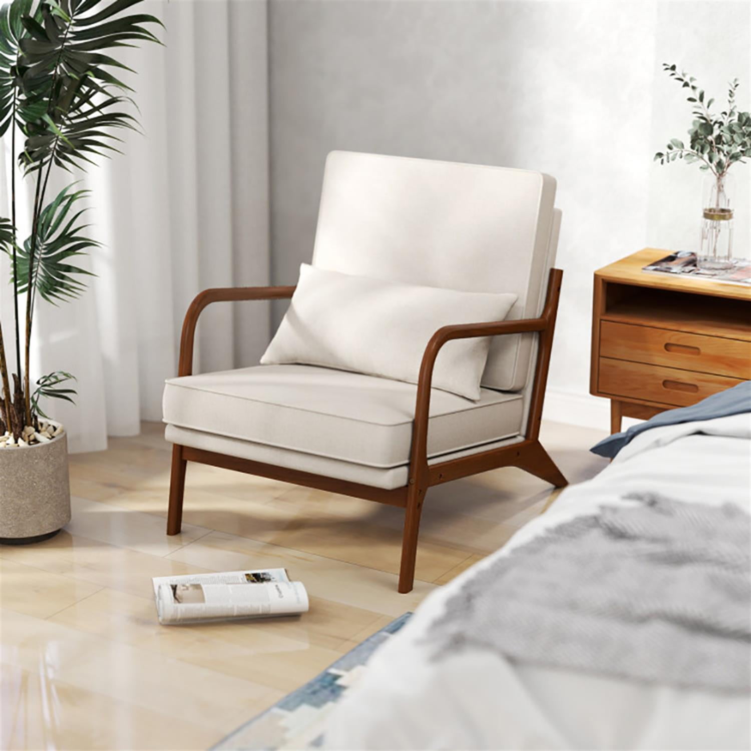 Demi Bonn Modern Accent Chair, Elegant Armchair with Rubber Wood Armrests and Removable Back, Suitable for Living Room Bedroom Reception Room Office, Beige