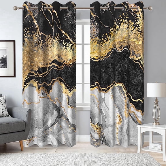 2 Panels Black Gold Gray Marble Blackout Curtain for Bedroom,Modern Abstract Grommet Drapes for Living Room,52x84 Inch