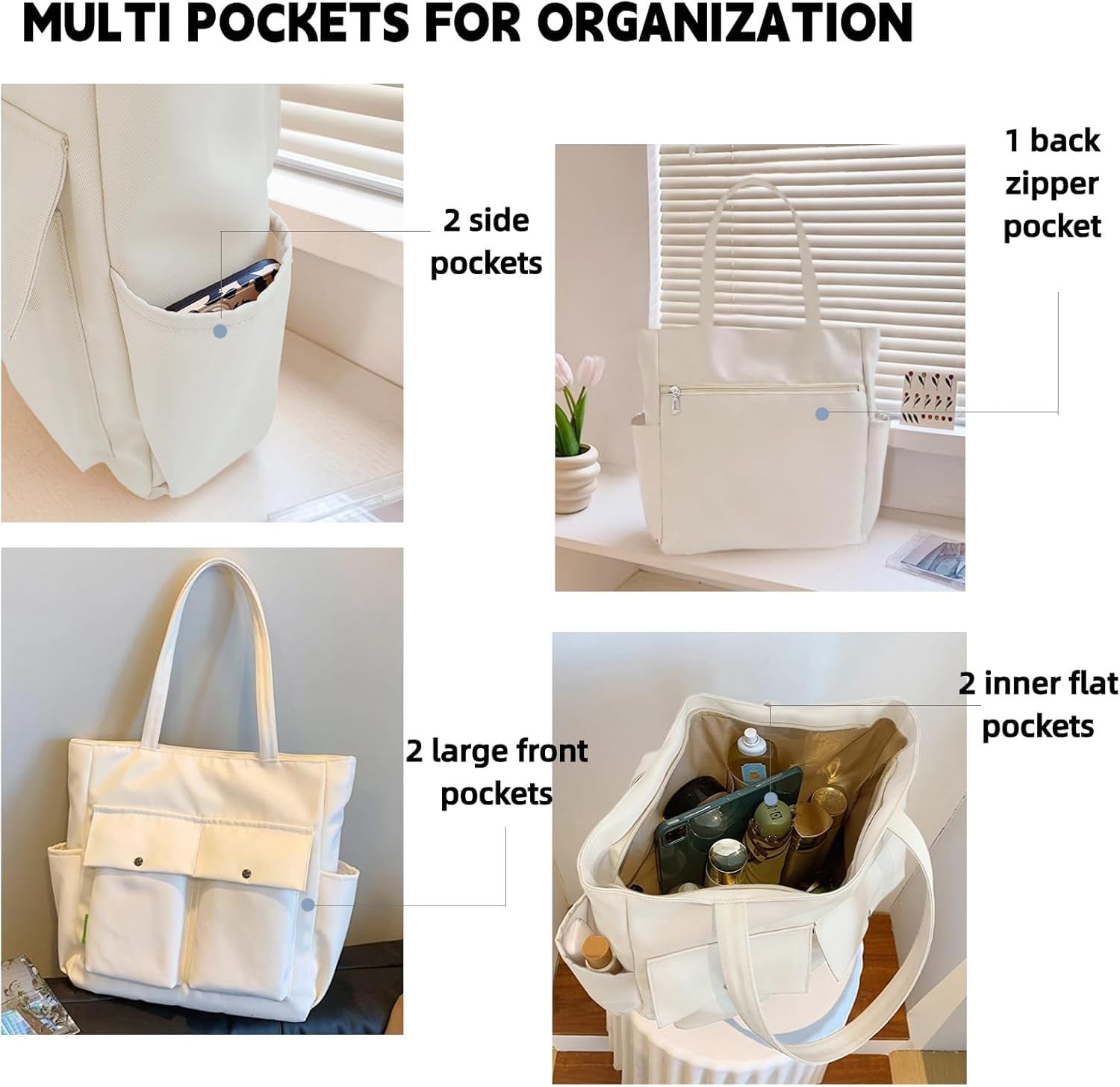 Women Multi Pockets Zipper Waterproof Lightweight Tote Bag Casual Large Shoulder Handbags Cute Canvas College Totes