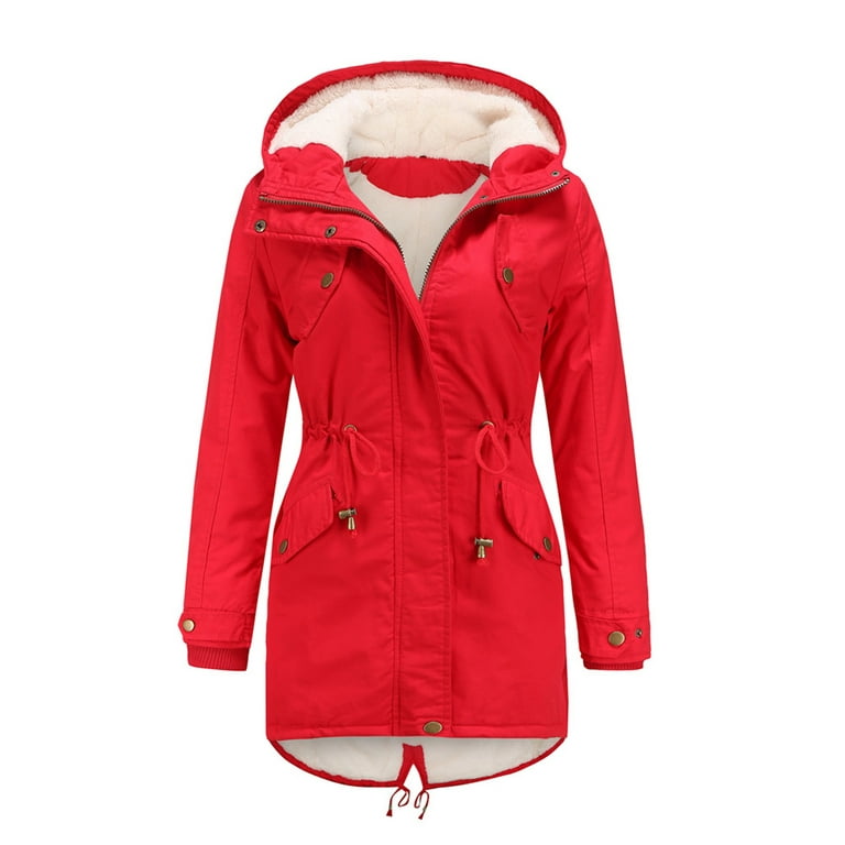 symoid Womens Coats & Jackets with Hood- Fashion Casual Winter Solid Hooded  Drawstring Rise Zipper Padded Coat Blouse Red XL 