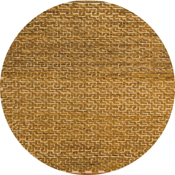 Ahgly Company Machine Washable Indoor Round Abstract Yellow Area Rugs, 7' Round