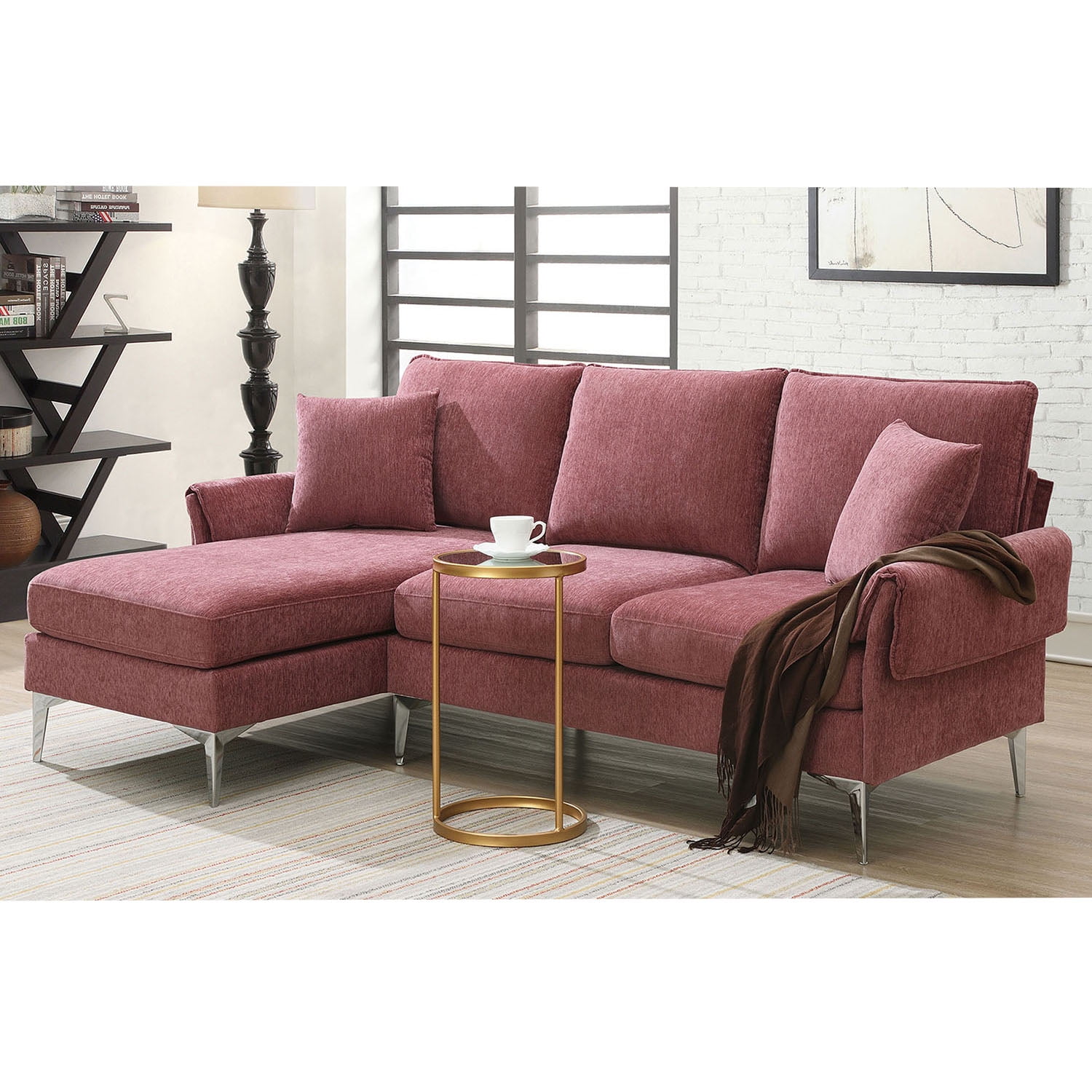 Kadyn 84 " Convertible Sectional Sofa, Modern Chenille L-Shaped Sofa Couch with Reversible Chaise Lounge and Pillows , Fabric Sofa for Living Room, Pink