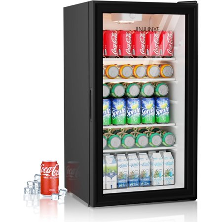 JINJUNYE Beverage Refrigerator Cooler, 128 Can 3.2Cu.ft Mini Fridge, Small Refrigerator Glass Door for Beer Drinks Soda Wine, Beverage Fridge with Adjustable Removable Shelves for Home Office Bar