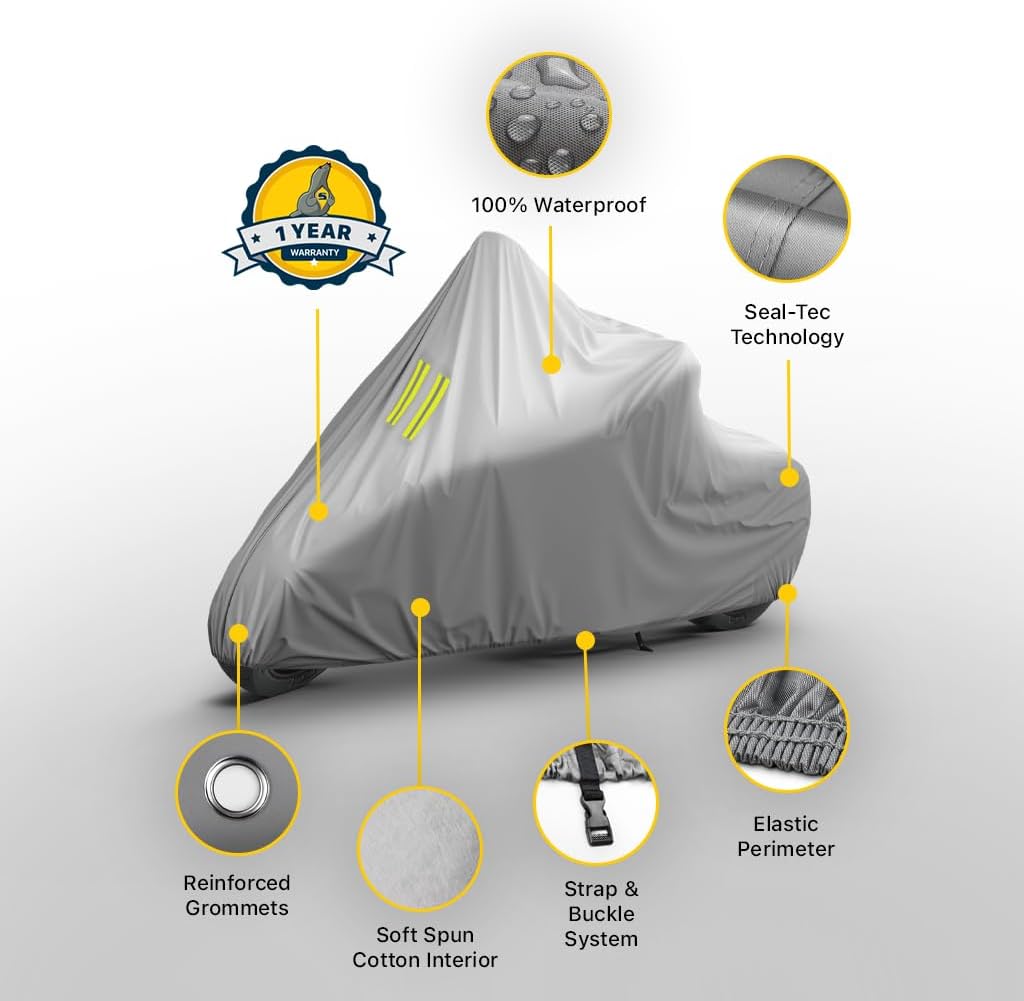 Seal Skin Motorcycle Cover Waterproof Outdoor All Season Protection with Night Reflective(97"L x 42"W x 49"H)