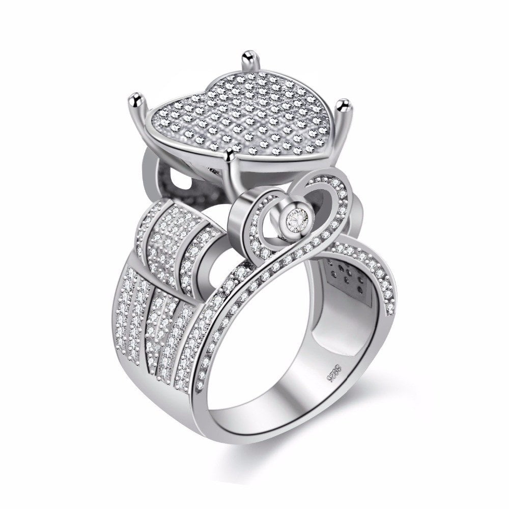 Uloveido Women's Love Heart Cubic Zirconia Cluster Wide Eternity Band Engagement Architecture Ring Platinum Plated (size 6) Y426
